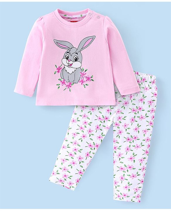 Babyhug Cotton Knit Single Jersey  Full Sleeves Night Suit With Bunny & Floral Print - Pink & White