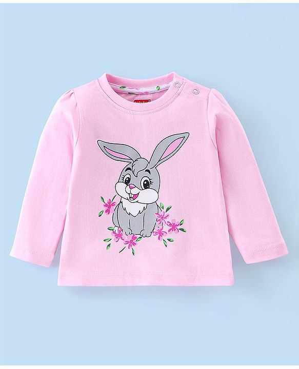 Babyhug Cotton Knit Single Jersey  Full Sleeves Night Suit With Bunny & Floral Print - Pink & White