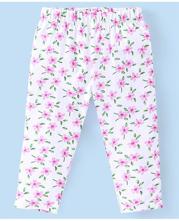 Babyhug Cotton Knit Single Jersey  Full Sleeves Night Suit With Bunny & Floral Print - Pink & White