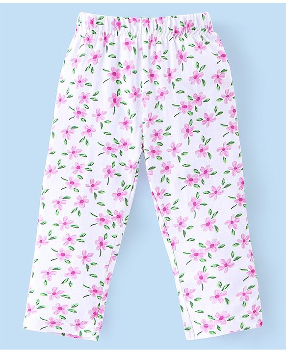 Babyhug Cotton Knit Single Jersey  Full Sleeves Night Suit With Bunny & Floral Print - Pink & White