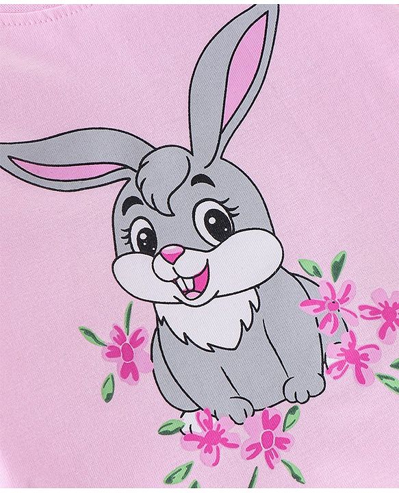 Babyhug Cotton Knit Single Jersey  Full Sleeves Night Suit With Bunny & Floral Print - Pink & White