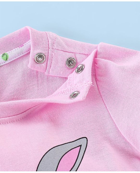 Babyhug Cotton Knit Single Jersey  Full Sleeves Night Suit With Bunny & Floral Print - Pink & White