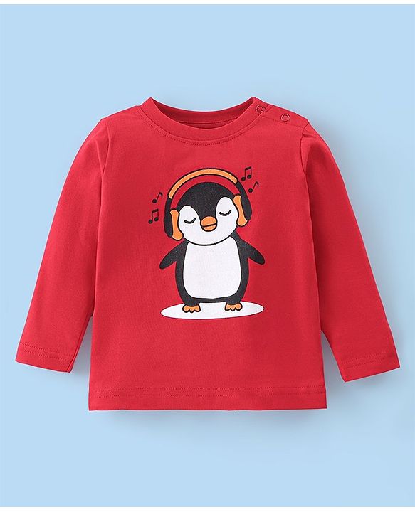 Babyhug Cotton Knit Single Jersey  Full Sleeves Night Suit With Penguin Print - Red & White
