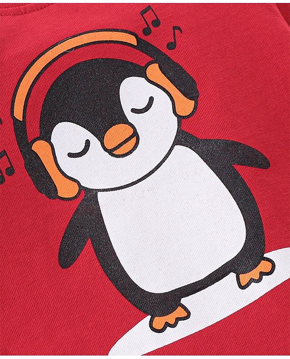 Babyhug Cotton Knit Single Jersey  Full Sleeves Night Suit With Penguin Print - Red & White