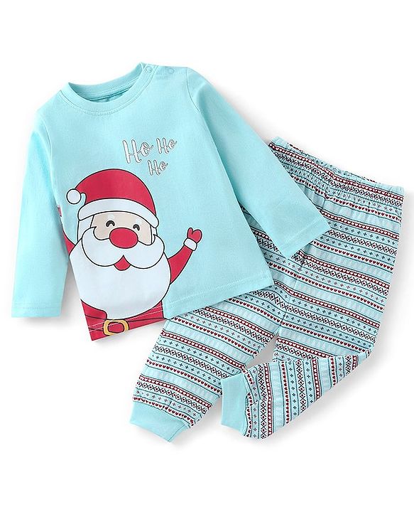 Babyhug Cotton Knit Single Jersey Full Sleeves Night Suit With Santa Clause Print - Blue