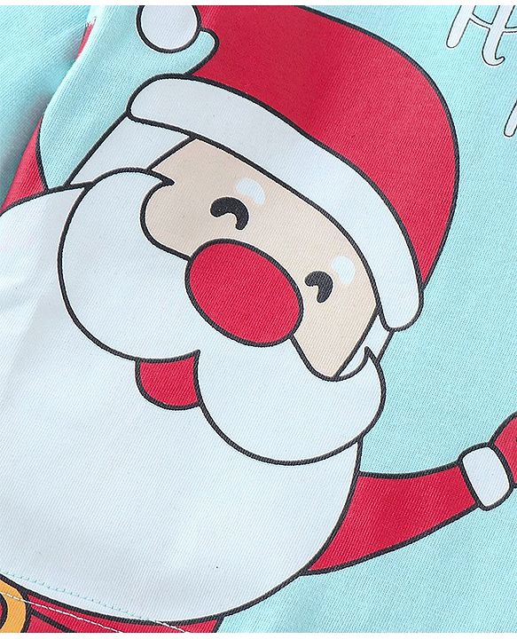 Babyhug Cotton Knit Single Jersey Full Sleeves Night Suit With Santa Clause Print - Blue