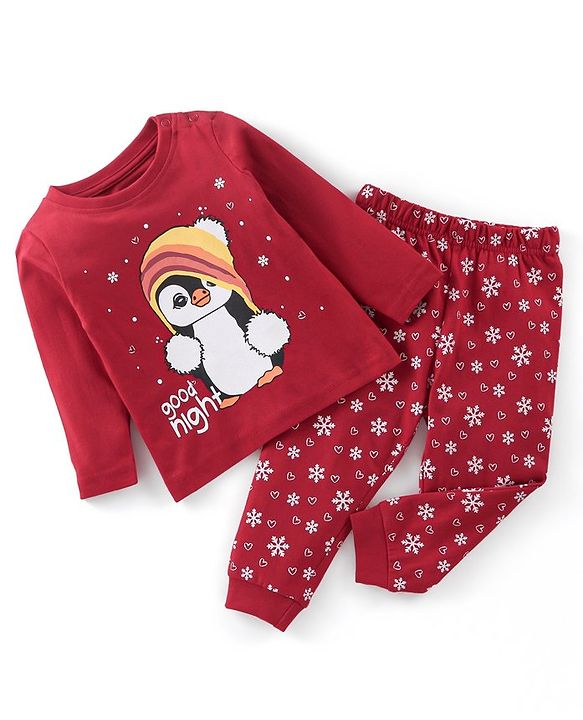 Babyhug Cotton Knit Full Sleeves Night Suit Penguin Print - Red