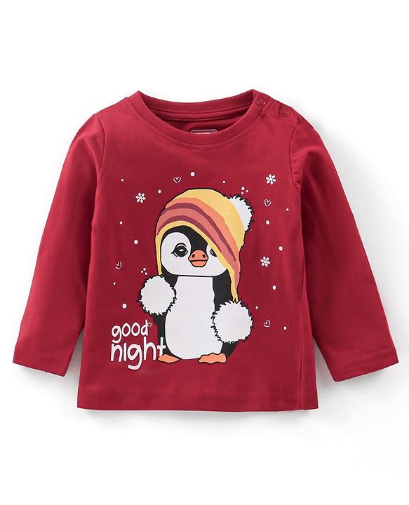 Babyhug Cotton Knit Full Sleeves Night Suit Penguin Print - Red