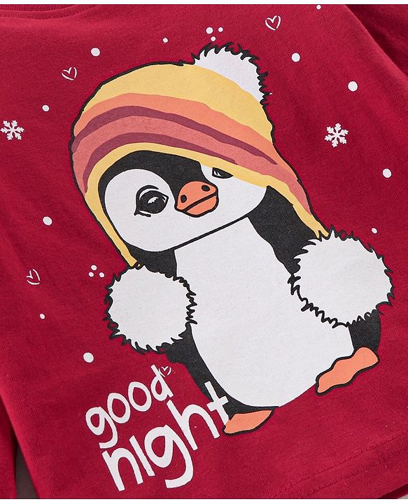 Babyhug Cotton Knit Full Sleeves Night Suit Penguin Print - Red