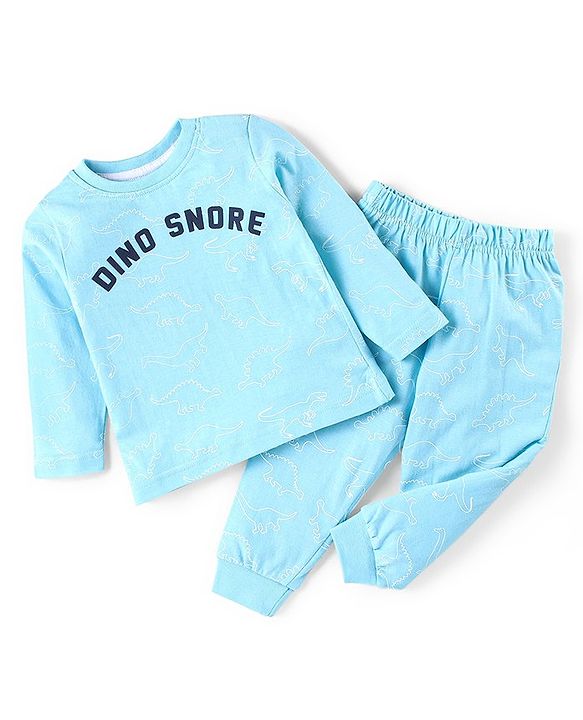 Babyhug Cotton Knit Single Jersey Full Sleeves Night Suit With Dino Print - Blue