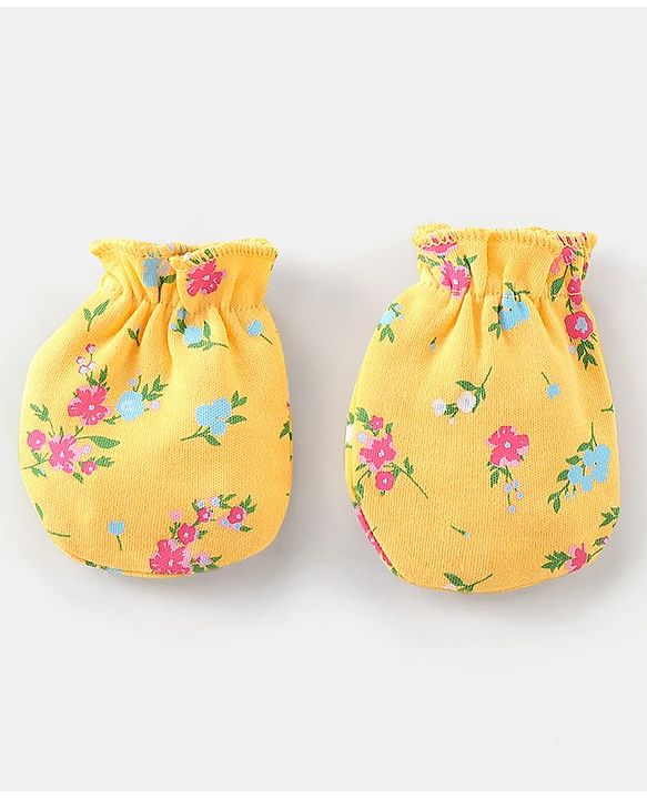 Babyhug 100% Cotton Knit Floral Printed Mittens Pack Of 3 - Multicolour