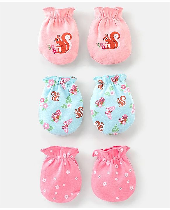 Babyhug 100% Cotton Knit Squirrel Printed Mittens Pack Of 3 - Multicolour
