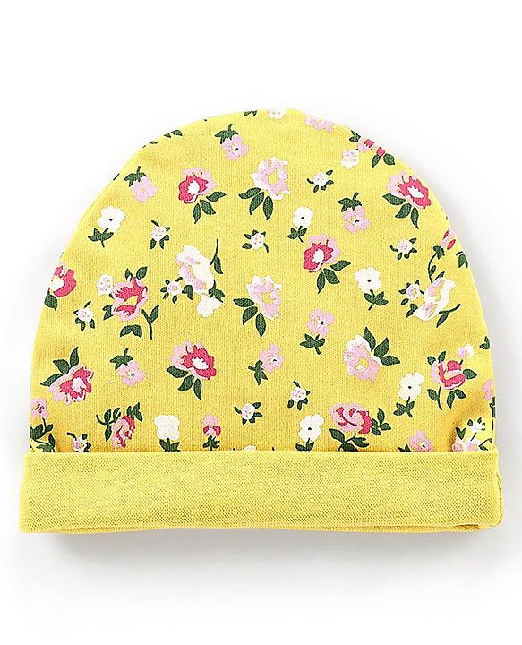 Babyhug Interlock 100% Cotton Knit Cap Mittens & Booties Floral Print Yellow - Diameter 9.5 cm