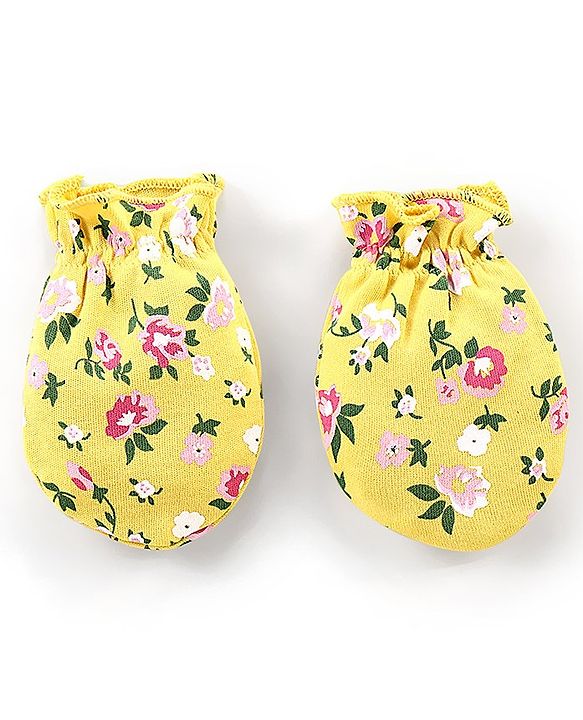 Babyhug Interlock 100% Cotton Knit Cap Mittens & Booties Floral Print Yellow - Diameter 9.5 cm