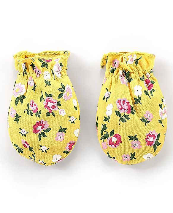 Babyhug Interlock 100% Cotton Knit Cap Mittens & Booties Floral Print Yellow - Diameter 9.5 cm