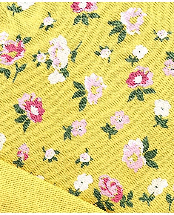 Babyhug Interlock 100% Cotton Knit Cap Mittens & Booties Floral Print Yellow - Diameter 9.5 cm
