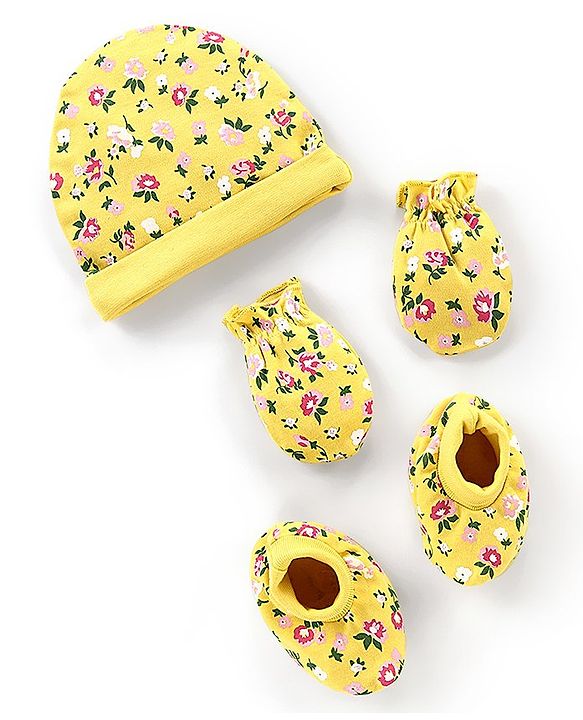 Babyhug Interlock 100% Cotton Knit Cap Mittens & Booties Floral Print Yellow - Diameter 9.5 cm