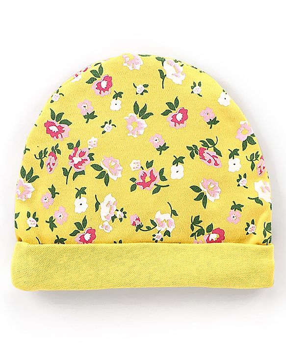 Babyhug Interlock 100% Cotton Knit Cap Mittens & Booties Floral Print Yellow - Diameter 9.5 cm