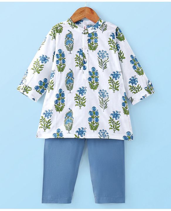 Babyhug 100% Cotton Full Sleeves Woven Floral Printed Angarakha Kurta Pyjama Set - White