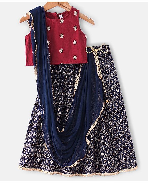 Babyhug  100% Cotton Sleeveless Floral Embroidered Choli with Printed Lehenga and Dupatta Set -Navy Blue