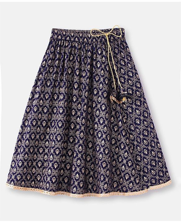 Babyhug  100% Cotton Sleeveless Floral Embroidered Choli with Printed Lehenga and Dupatta Set -Navy Blue