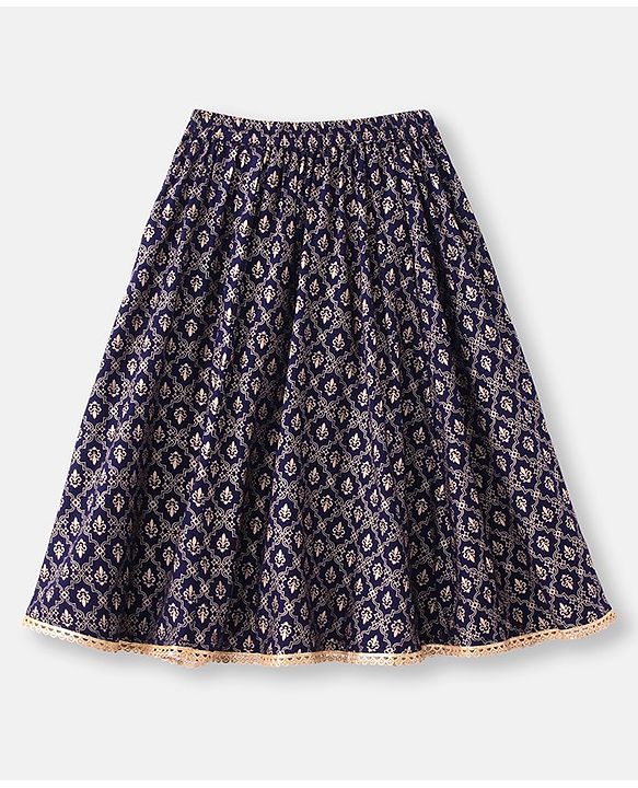 Babyhug  100% Cotton Sleeveless Floral Embroidered Choli with Printed Lehenga and Dupatta Set -Navy Blue