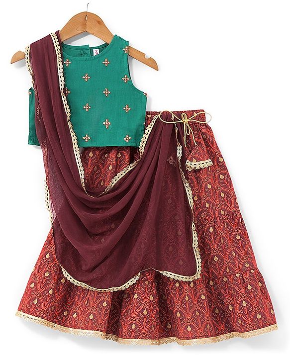 Babyhug Cotton Woven Sleeveless Choli & Lehenga Set with Dupatta Floral Print - Maroon & Blue