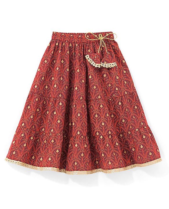 Babyhug Cotton Woven Sleeveless Choli & Lehenga Set with Dupatta Floral Print - Maroon & Blue