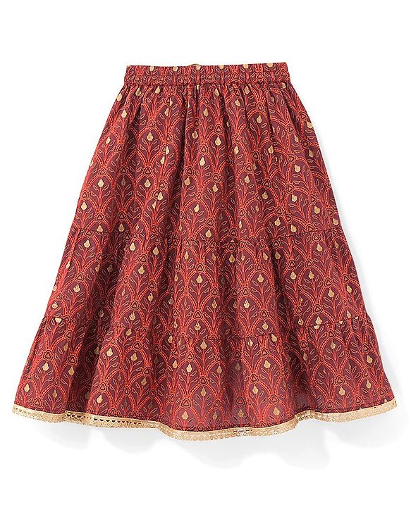 Babyhug Cotton Woven Sleeveless Choli & Lehenga Set with Dupatta Floral Print - Maroon & Blue