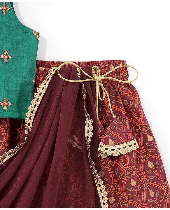 Babyhug Cotton Woven Sleeveless Choli & Lehenga Set with Dupatta Floral Print - Maroon & Blue