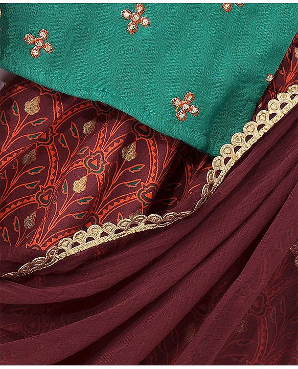 Babyhug Cotton Woven Sleeveless Choli & Lehenga Set with Dupatta Floral Print - Maroon & Blue