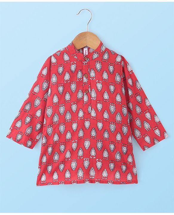 Babyhug 100% Cotton Woven Kurta Pyjama Set With Leaves Print - Red