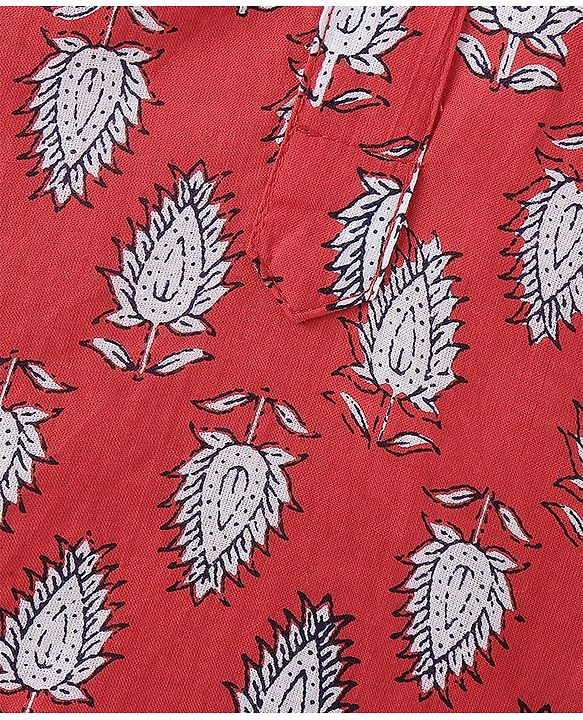 Babyhug 100% Cotton Woven Kurta Pyjama Set With Leaves Print - Red