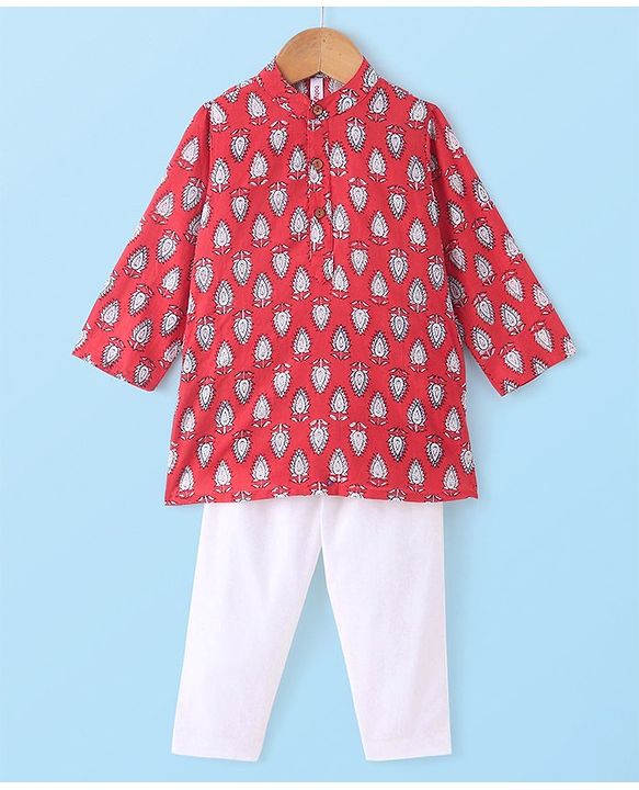 Babyhug 100% Cotton Woven Kurta Pyjama Set With Leaves Print - Red