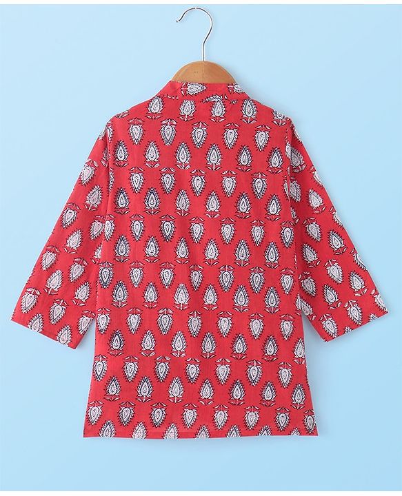 Babyhug 100% Cotton Woven Kurta Pyjama Set With Leaves Print - Red