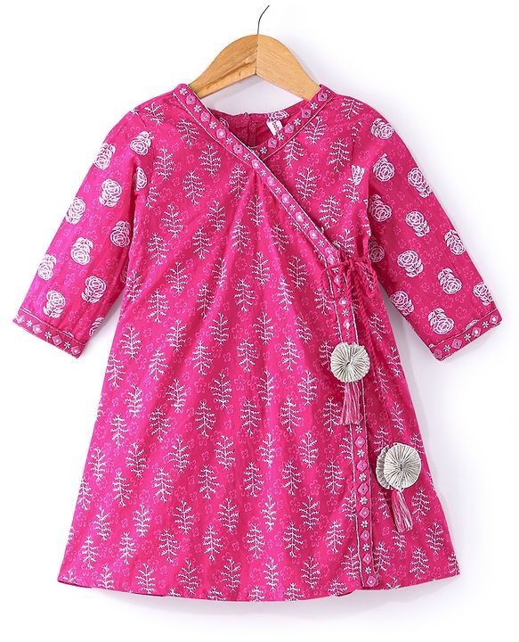 Babyhug 100% Cotton  Three Fourth Sleeves  Floral Printed  Angarakha Kurta With Pant and Dupatta  - Fuschia