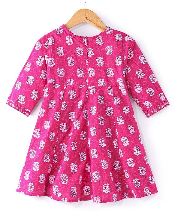 Babyhug 100% Cotton  Three Fourth Sleeves  Floral Printed  Angarakha Kurta With Pant and Dupatta  - Fuschia