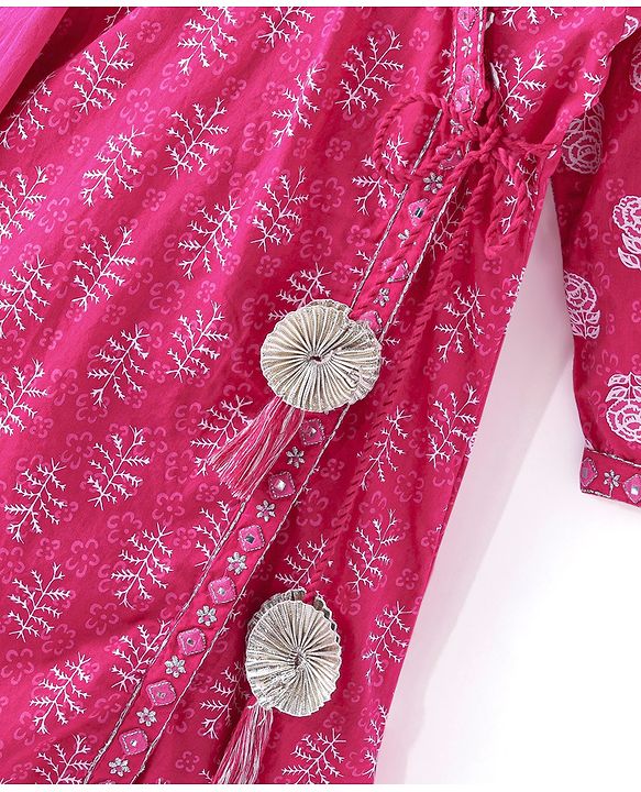 Babyhug 100% Cotton  Three Fourth Sleeves  Floral Printed  Angarakha Kurta With Pant and Dupatta  - Fuschia