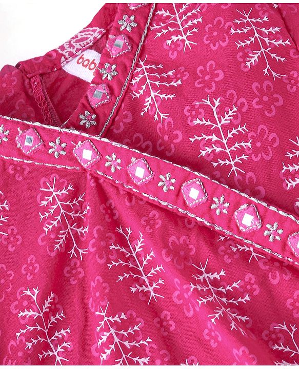 Babyhug 100% Cotton  Three Fourth Sleeves  Floral Printed  Angarakha Kurta With Pant and Dupatta  - Fuschia