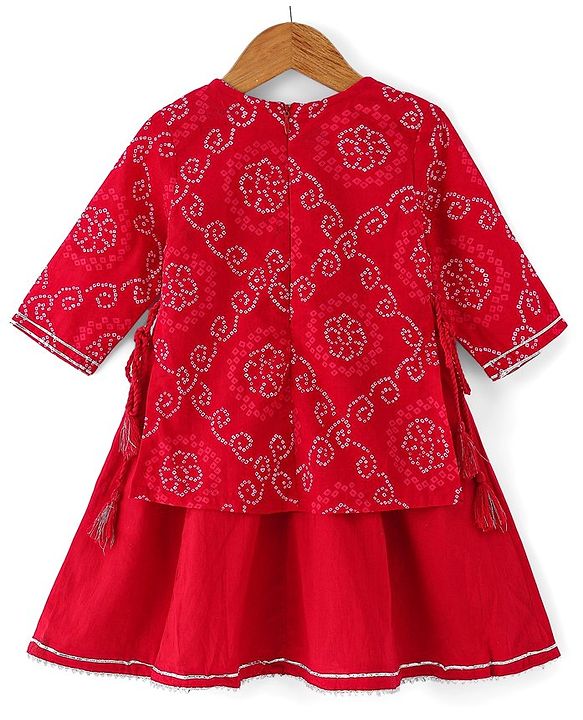 Babyhug 100% Cotton Woven Bandhani Printed and Embroidered  Three Fourth Sleeves Kurta With  Lahenga - Red