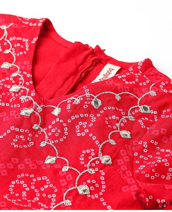 Babyhug 100% Cotton Woven Bandhani Printed and Embroidered  Three Fourth Sleeves Kurta With  Lahenga - Red
