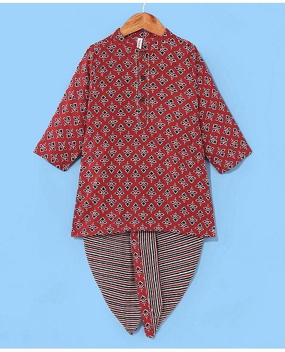 Babyhug Cotton Woven Full Sleeves Floral Printed Kurta & Dhoti Set - Maroon