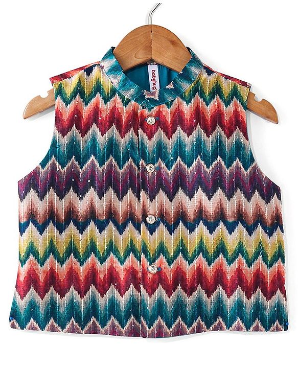 Babyhug Cotton Woven Full Sleeves Kurta & Pajama Set with Coat Chevron Print - Teal Blue