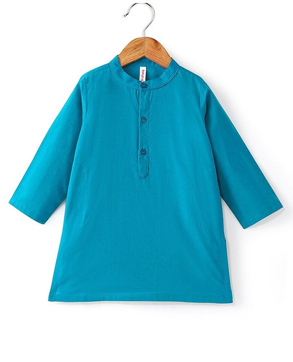 Babyhug Cotton Woven Full Sleeves Kurta & Pajama Set with Coat Chevron Print - Teal Blue