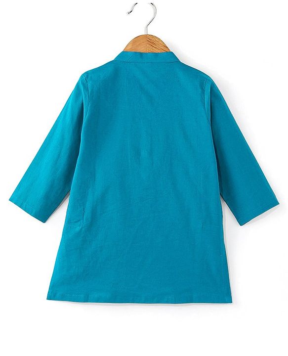 Babyhug Cotton Woven Full Sleeves Kurta & Pajama Set with Coat Chevron Print - Teal Blue