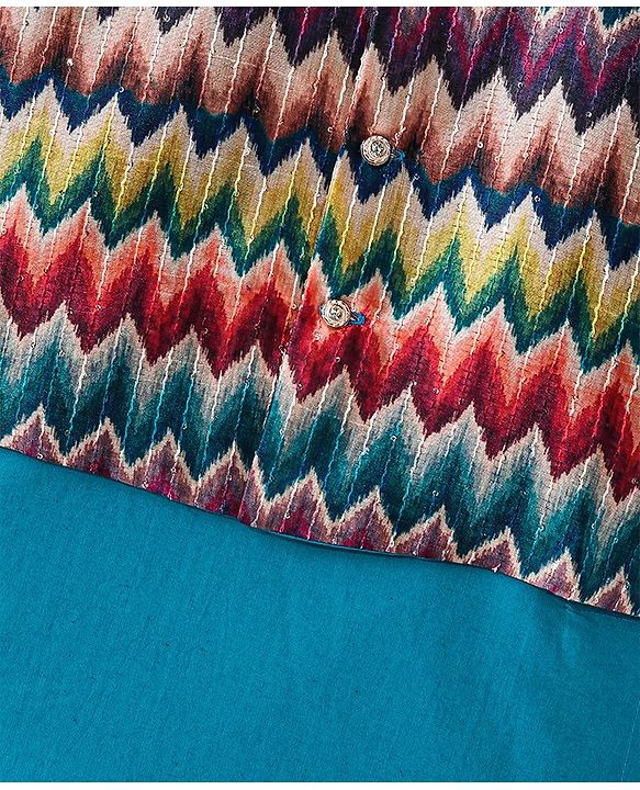 Babyhug Cotton Woven Full Sleeves Kurta & Pajama Set with Coat Chevron Print - Teal Blue