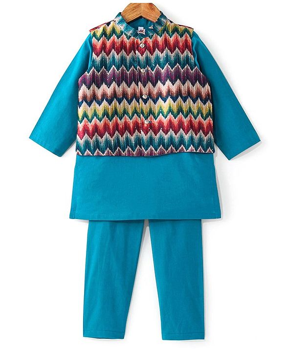 Babyhug Cotton Woven Full Sleeves Kurta & Pajama Set with Coat Chevron Print - Teal Blue