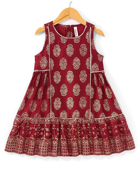 Babyhug Woven Sleeveless Foil Printed Kurta With Pant And Dupatta Set - Maroon
