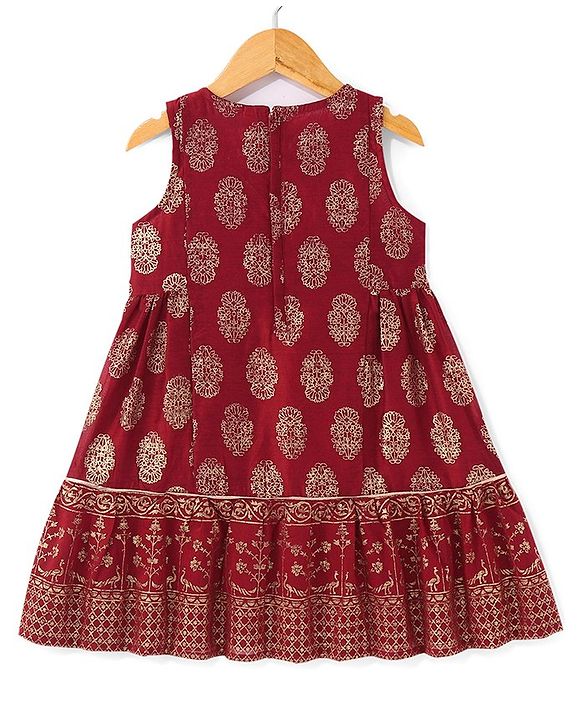 Babyhug Woven Sleeveless Foil Printed Kurta With Pant And Dupatta Set - Maroon