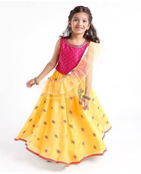 Babyhug Woven Sleeveless Choli & Lehenga Set with Dupatta & Floral Embroidery - Pink & Yellow